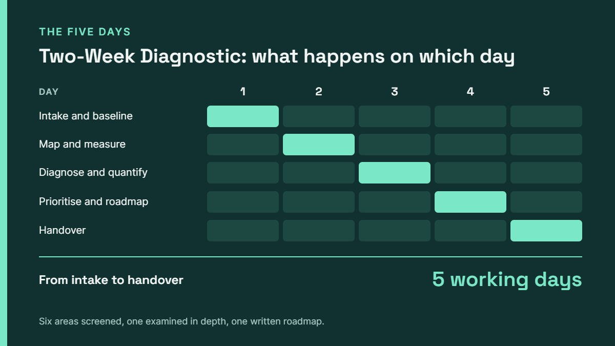Two-Week Diagnostic timeline over five days of work: intake and baseline on day 1, map and measure on day 2, diagnose and quantify on day 3, prioritise and roadmap on day 4, handover on day 5